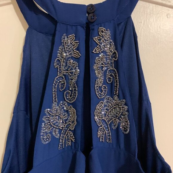 Embellished Blue Halter Knit Lined Sleeveless Keyhole back Midi Dress. Size XS - Picture 4 of 9